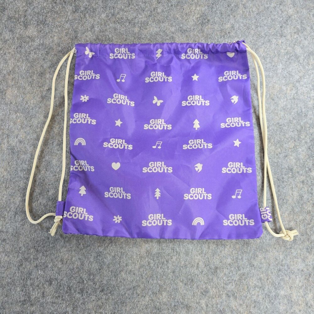 Girl Scouts Drawstring Backpack Cinch Sack Purple White Text Hearts Stars Music